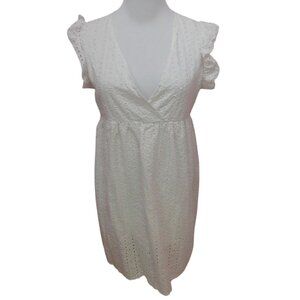 White Eyelet Flutter Sleeve V-Neck Dress Womens L Cotton Blend